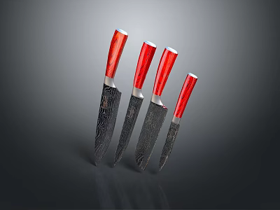 Red Handled Knives With Patterned Blades Displayed On Dark Background 3d model Red Handled Knives With Patterned Blades Displayed On Dark Background 3d model
