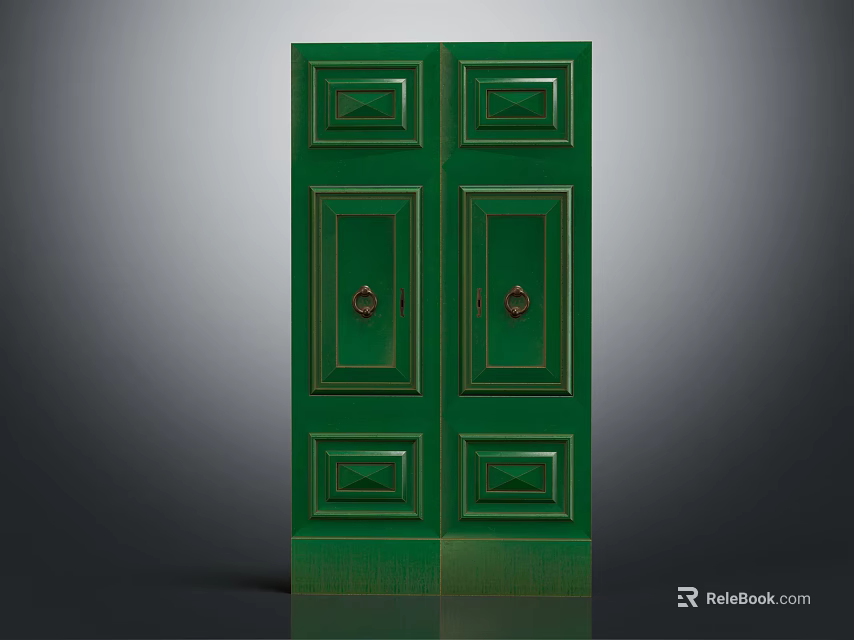 Green Double Door Cabinet With Decorative Panel Details And Metallic Handles 3d model 