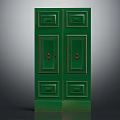 Green Double Door Cabinet With Decorative Panel Details And Metallic Handles
