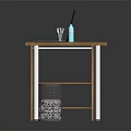 Wooden Office Desk Featuring Laptop Pen Holder Water Bottle And Trash Bin With Crumbled Paper