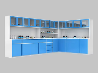 Laboratory Storage Cabinet System With Blue Doors Glass Panels And Scientific Tools 3d model