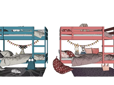 Blue and Pink Bunk Beds for Kids Room with Bunting Toys and Cozy Rugs 3d model