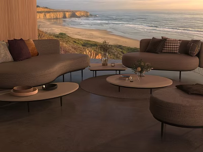 Outdoor Sofa with Coastal Ocean View at Sunset and Modern Coffee Table Decor 3d model