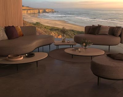 Outdoor Sofa with Coastal Ocean View at Sunset and Modern Coffee Table Decor 3d model