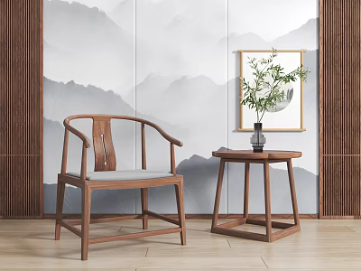 Chinese Style Wooden Armchair With Side Table And Potted Plant Against Mountain Pattern Wall 3d model