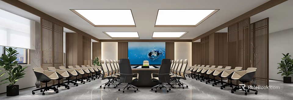 Modern Conference Room Interior With Large Display Screen Ceiling Lights And Arranged Chairs 3d model 