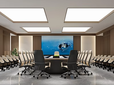 Modern Conference Room Interior With Large Display Screen Ceiling Lights And Arranged Chairs 3d model