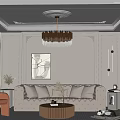 Elegant Modern Living and Dining Room Interior With Tufted Sofa Crystal Chandelier And Fireplace