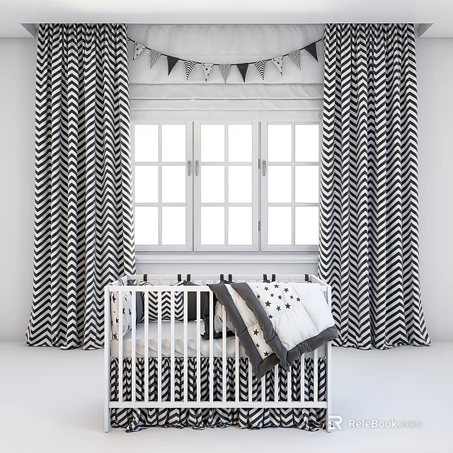 Cute Kids Baby Bed With Black And White Chevron Curtains Near Large Window 3d model 