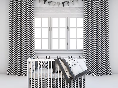 Cute Kids Baby Bed With Black And White Chevron Curtains Near Large Window 3d model