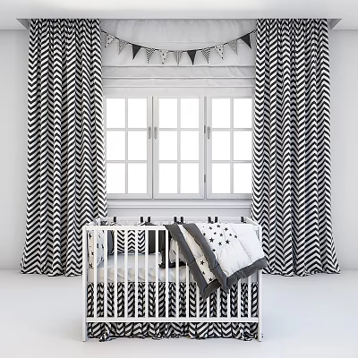 Cute Kids Baby Bed With Black And White Chevron Curtains Near Large Window 3d model