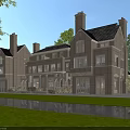 Classic Semi Detached Villa Exterior With Stone Facade Large Windows Green Lawn And Pond
