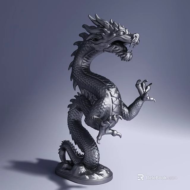 Silver Dragon Sculpture With Standing Pose Scales And Open Mouth Claws 3d model 