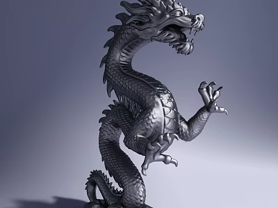 Silver Dragon Sculpture With Standing Pose Scales And Open Mouth Claws 3d model