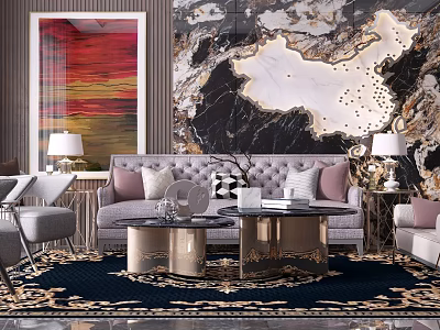 Luxury Gray Sofa and Round Coffee Table Set with Pink Pillows Metal Frame and Marble Wall Art 3d model