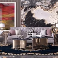 Luxury Gray Sofa and Round Coffee Table Set with Pink Pillows Metal Frame and Marble Wall Art