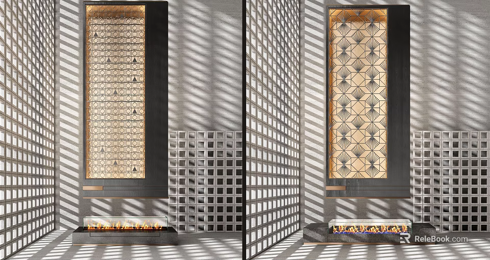 Modern Contemporary Fireplace Interior With Geometric Wall And Shadow Effects 3d model