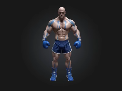 Bald Muscular Boxer 3D Render With Blue Gloves Shorts Shoes And Tattoos 3d model