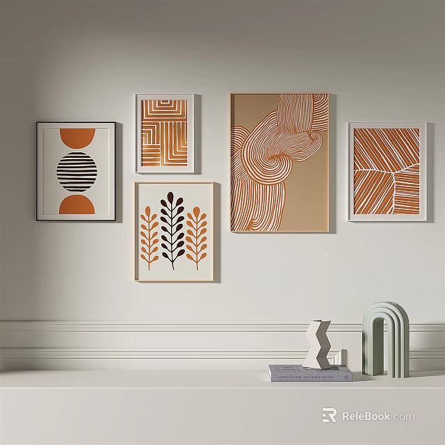 Wall Decor Featuring Geometric Plant Pattern Artworks Orange Brown Tones Small Decorative Items 3d model