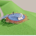 Scenic Observation Deck With Blue Reflective Surface People Taking Photos And Moon Cloud Sculpture