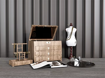 Jewelry Display With Open Wooden Jewelry Box Mannequin And Dark Striped Background 3d model