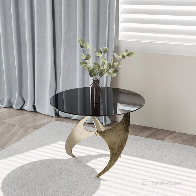 Modern Black Glass Top Side Table With Golden Brass Base And Green Plants 3d model 