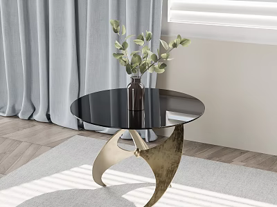 Modern Black Glass Top Side Table With Golden Brass Base And Green Plants 3d model