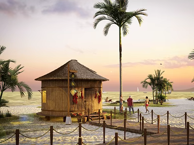 Rural Self Built House With Wooden Thatched Roof And Palm Trees Near Beach At Sunset 3d model