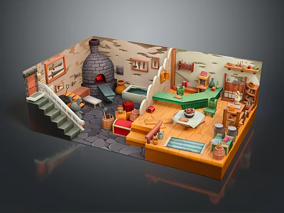 Cartoon Scene of Cozy Indoor Room with Staircase Fireplace Green Table and Colorful Furniture 3d model