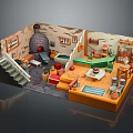 Cartoon Scene of Cozy Indoor Room with Staircase Fireplace Green Table and Colorful Furniture