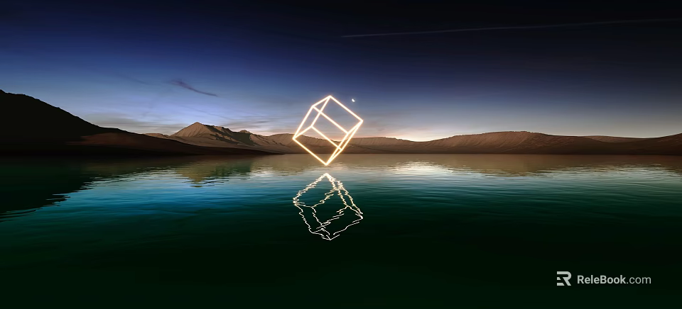 Floating Glowing Cube Over Calm Water With Reflection In Dawn Sky And Mountain Desert Landscape 3d model 