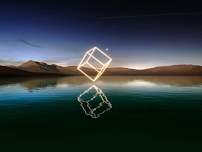 Floating Glowing Cube Over Calm Water With Reflection In Dawn Sky And Mountain Desert Landscape 3d model
