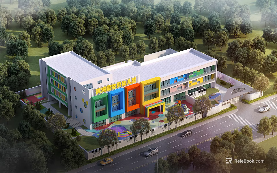 Colorful Modern Kindergarten School Building With Green Trees And Outdoor Playground Area 3d model 