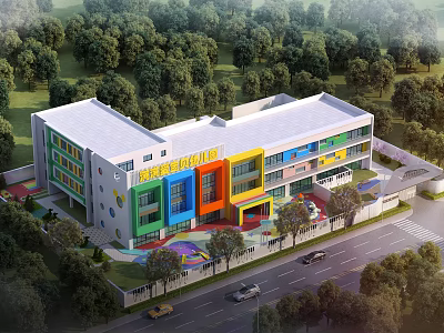 Colorful Modern Kindergarten School Building With Green Trees And Outdoor Playground Area 3d model