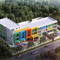 Colorful Modern Kindergarten School Building With Green Trees And Outdoor Playground Area
