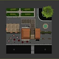 Miniature Model Scene With Orange House Beige Building Tables Chairs Tree And Street Lamps