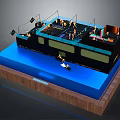 Detailed Scale Model Display With Black Structure Blue Base Wooden Frame And People Figures