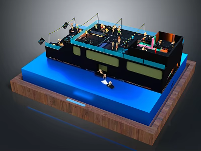 Detailed Scale Model Display With Black Structure Blue Base Wooden Frame And People Figures 3d model