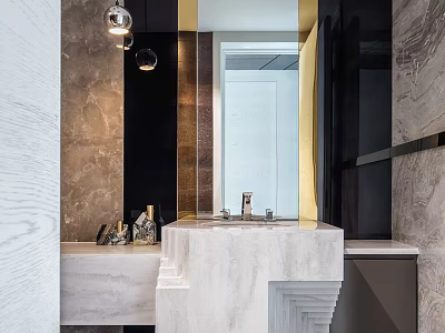 Modern Luxury Bathroom Interior Design With Natural Marble Vanity And Golden Accented Large Wall Mirror 3d model