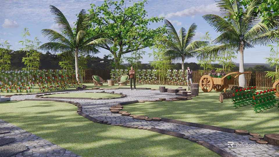 Rural Countryside Landscape With Palm Trees Green Trees Stone Pathway And Wooden Cart 3d model 