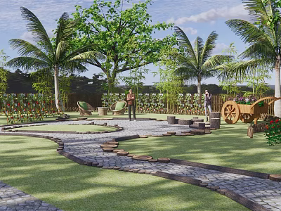 Rural Countryside Landscape With Palm Trees Green Trees Stone Pathway And Wooden Cart 3d model