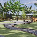 Rural Countryside Landscape With Palm Trees Green Trees Stone Pathway And Wooden Cart