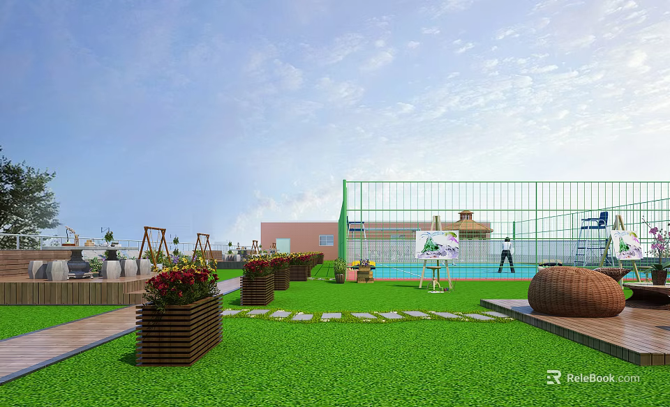 Roof Garden Design With Green Lawn Stone Path Flower Planters Fence And Swimming Pool 3d model 