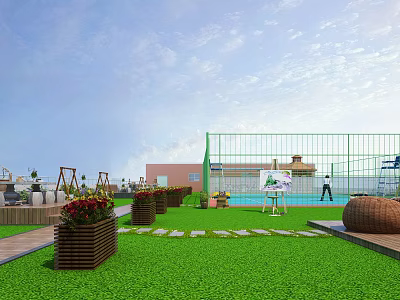 Roof Garden Design With Green Lawn Stone Path Flower Planters Fence And Swimming Pool 3d model