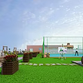 Roof Garden Design With Green Lawn Stone Path Flower Planters Fence And Swimming Pool