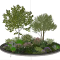 Circular Flower Bed and Flower Pot with White Border Various Decorative Plants and Two Trees