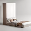 Modern Bedroom Interior With Beige Wardrobe And White Bed Frame With Pillows And Blanket