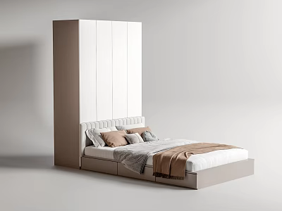 Modern Bedroom Interior With Beige Wardrobe And White Bed Frame With Pillows And Blanket 3d model