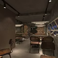 Industrial Milk Tea Shop Interior With Brick Walls Wooden Furniture And Warm Lighting