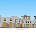 Mediterranean Style Commercial Street Exterior With Arched Storefronts Tower Structures And Balconies